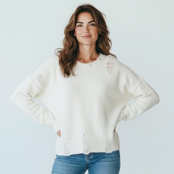 Frayed Denim Gwen Distressed Sweater color Marshmallow size MEDIUM NEW - Picture 1 of 13